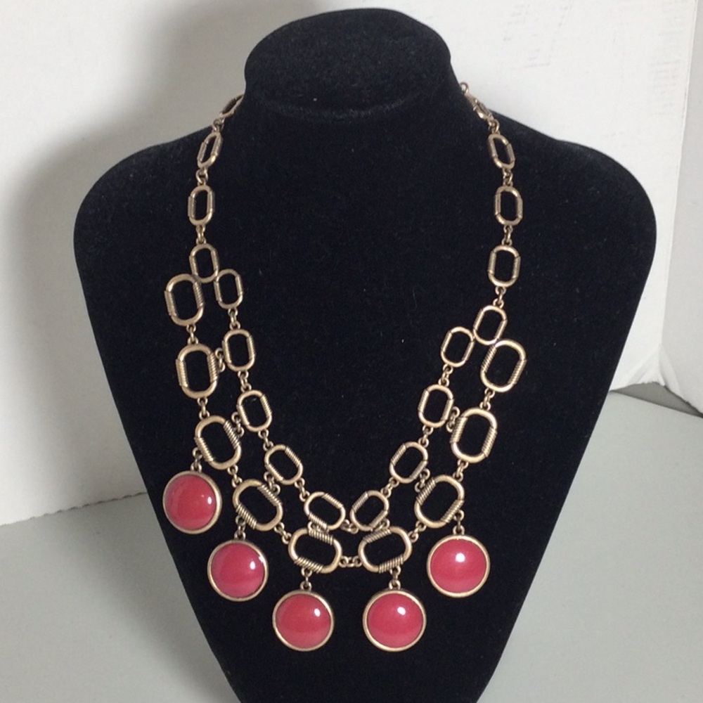 Gold Chain Statement Necklace with Pink Disc Pendants